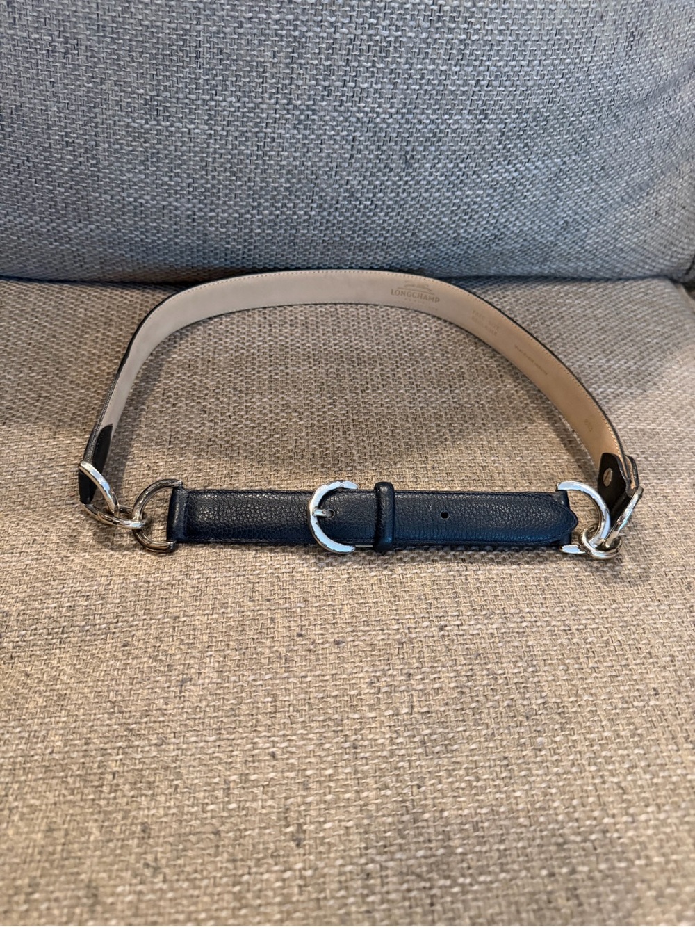 EUC - Longchamp Vintage Navy Leather Belt with Silver Buckle & Hardware
